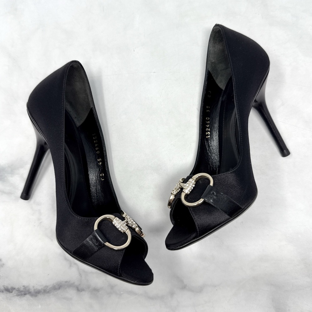 GUCCI Silk Satin Horsebit Swarovski Crystal Embellished Open Toe Pump Heel Black - Picture 5 of 15